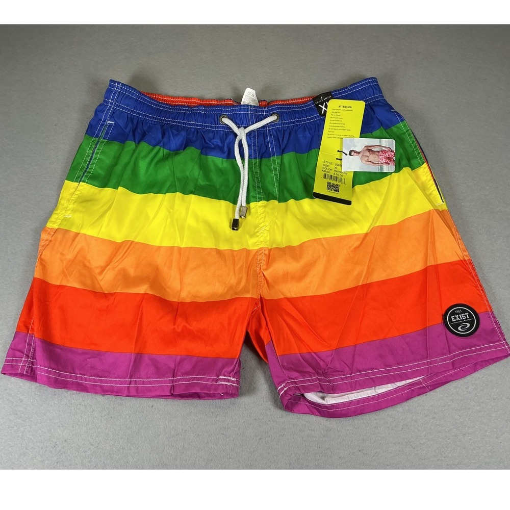 Exist Swim Men's Rainbow Striped Swim Trunks Board Shorts XL NWT